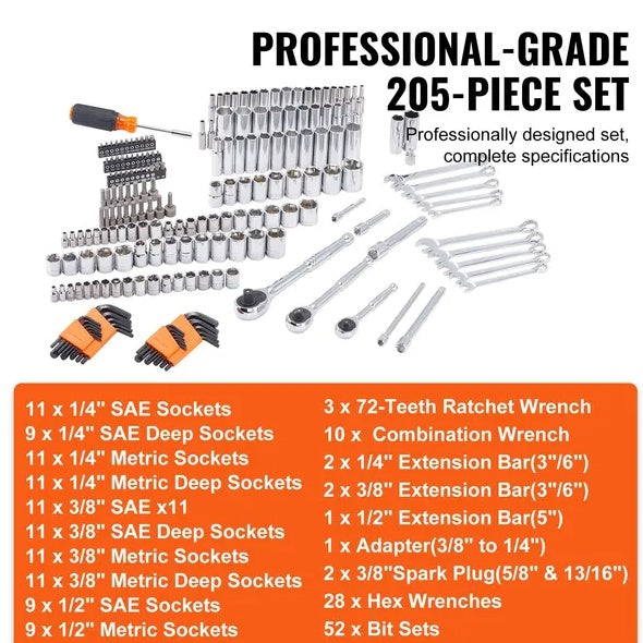 VEVOR Mechanics Tool Set And Socket Set,  Drive Deep And Standard Sockets, 205 Pcs SAE And Metric Mechanic Tool Kit With Bits, Combination Wrench, Hex Wrenches, Accessories, Storage Case