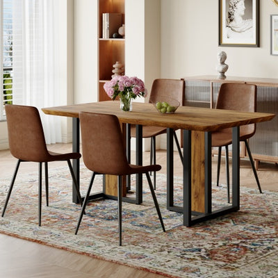 Table And Chair Set.67x36 Wood-Textured MDF Dining Table Set With 4 Brown Suede Chairs.MDF Sticker,Wood Colored Texture Sticker,Brown Armless Dining Chair,Suitable For Kitchen,Dining Room,etc.