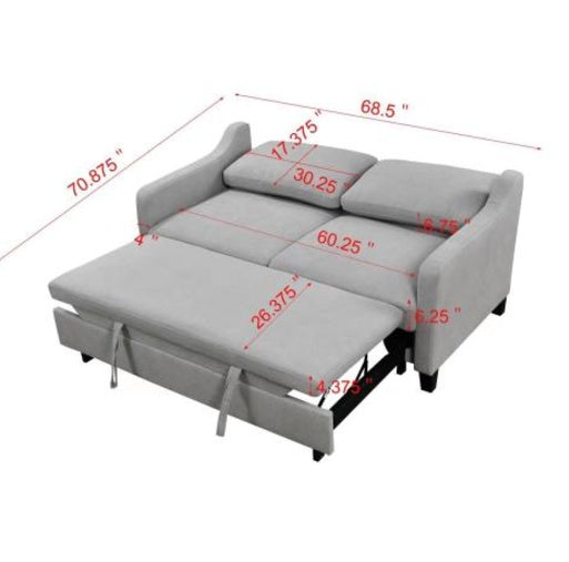 69 Inches  3-in-1 Convertible Queen Sofa Bed, Modern Fabric Double Sofa Bed With Pull-out Bed, Small Double Sofa With Reclining Backrest, Living Room Furniture, Light Grey